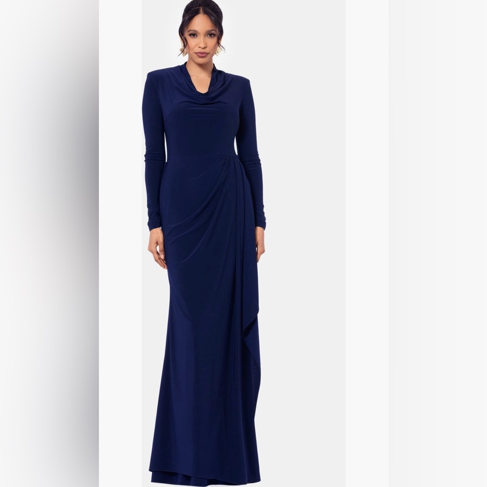 NWT Betsy & Adam Navy Blue Cowl Neck Long Sleeve Sheath Gown In Size 16